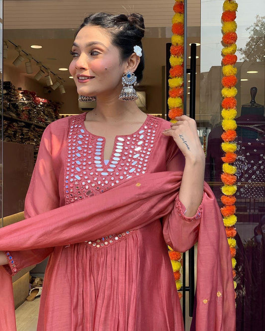 Muslin Summer Special Mirror work Kurti Pant Dupatta Set