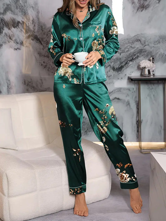 Women's Floral Print Long Sleeve Buttons Lapel Top & Pant