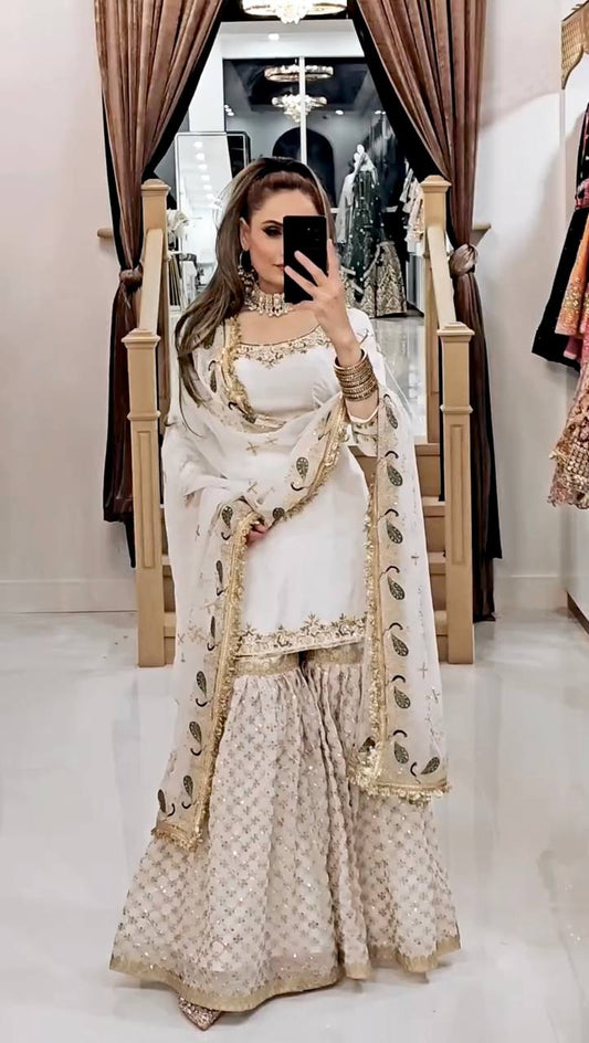 Party Wear Look Top-Plazzo and Dupatta With Embroidery Work