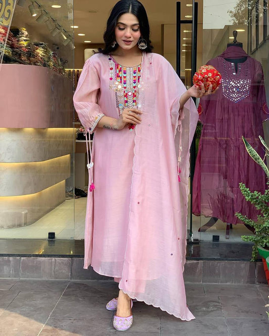Embroidered Cotton Silk Salwar Kameez Set with Chanderi Dupatta in White-Sky-Pink