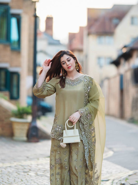 French Crape Silk Top-Bottom And Dupatta Set