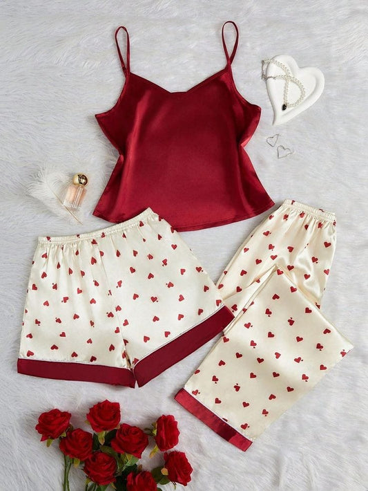 Heart Print Satin Elegant Pajama Set