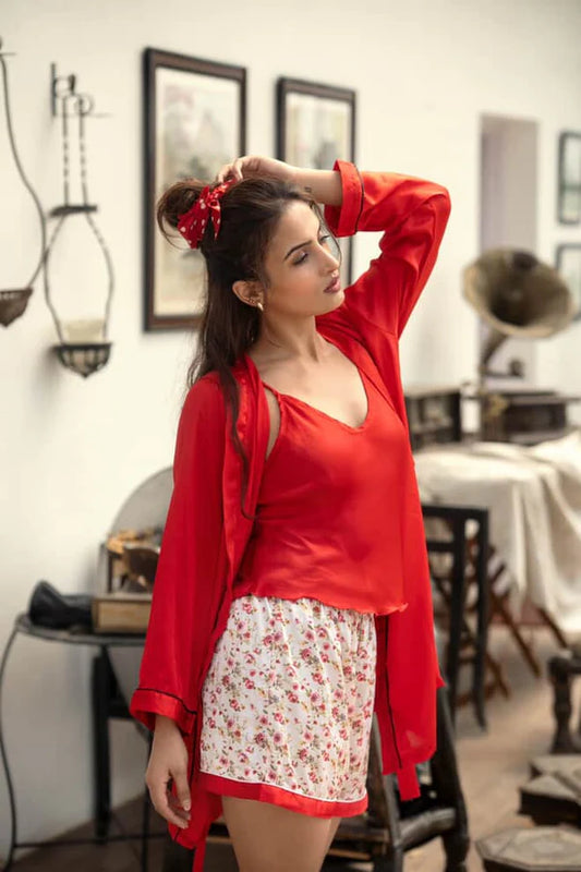 Floral Print Satin Pajama Set With Solid Robe