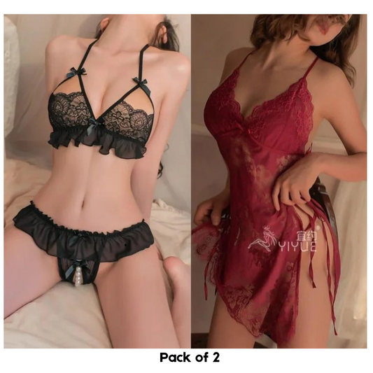 Pack of 2 Blissful Allure Floral Lace Babydoll Lingerie &  Pearl Teddy Lingerie