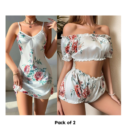 Pack 2 white Floral satin pajama set/ sleep dress set