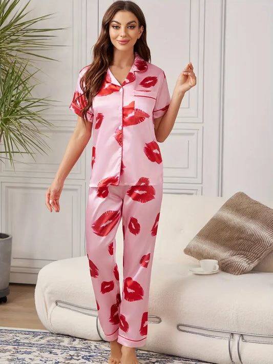 Lip Print Satin Cami Top & Shorts Pajama Set