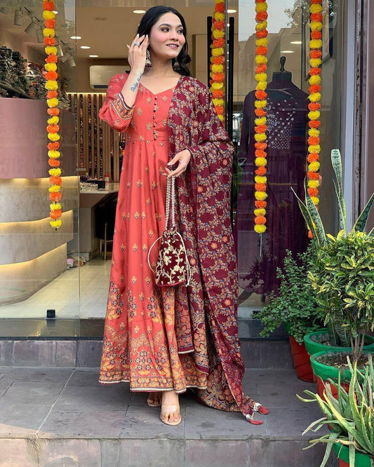 Anarkali Suit Set Women Kurta Set with Dupatta Women's Embroidery Designer Cotton Anarkali Kurta Pant Dupatta Suit