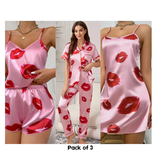 Lip Print Satin Cami Top & Shorts Pajama Set