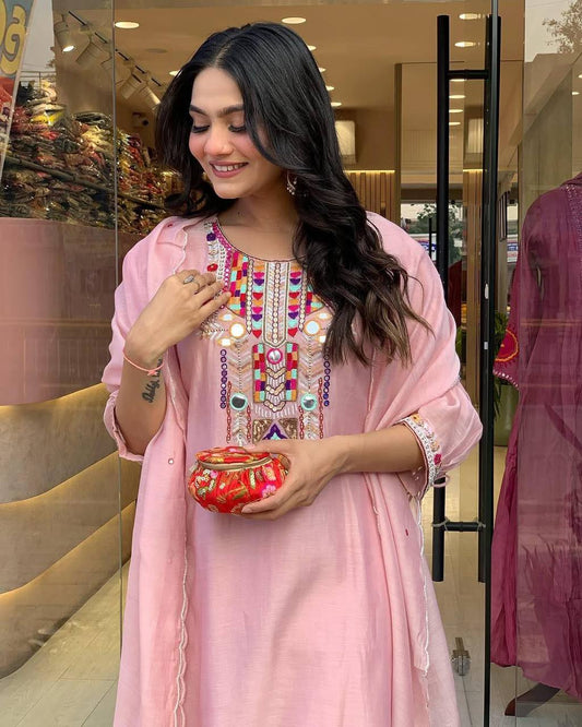 Embroidered Cotton Silk Salwar Kameez Set with Chanderi Dupatta in White-Sky-Pink